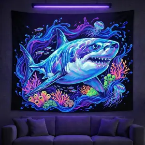White Shark Tapestry, Neon Ocean Reef Wall Hanging Decor, Funny Animal Design Tapestry, 60x40inch Tapestry, Gift for Friends