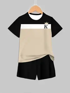 Colorblock Crown Letter K Print Short Sleeve Shorts Set, Luxurious Simple Kids Clothing, Summer Fashion