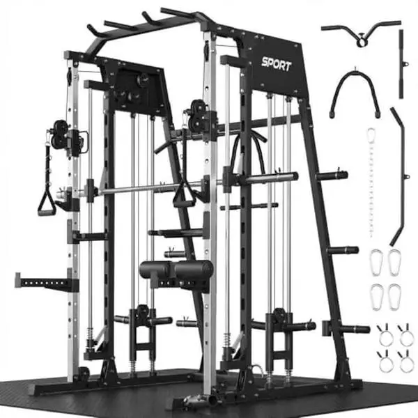 black Smith Machine Home Gym, 2200LB Power Cage with Dual Pulley Cable Systems, LAT Pull-Down, Leg Hold-Down & 20+ Attachments for Full Body Workouts