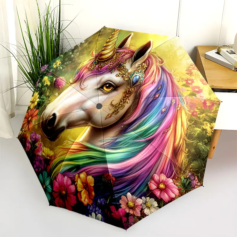 1 PC Automatic Folding Umbrella - Unicorn Fantasy Flowers Pattern, Portable & Foldable Design with 8 Ribs, Merry Christmas Pattern,Casual Outdoor Accessory Halloween and Christmas Birthday Gifts. E0092