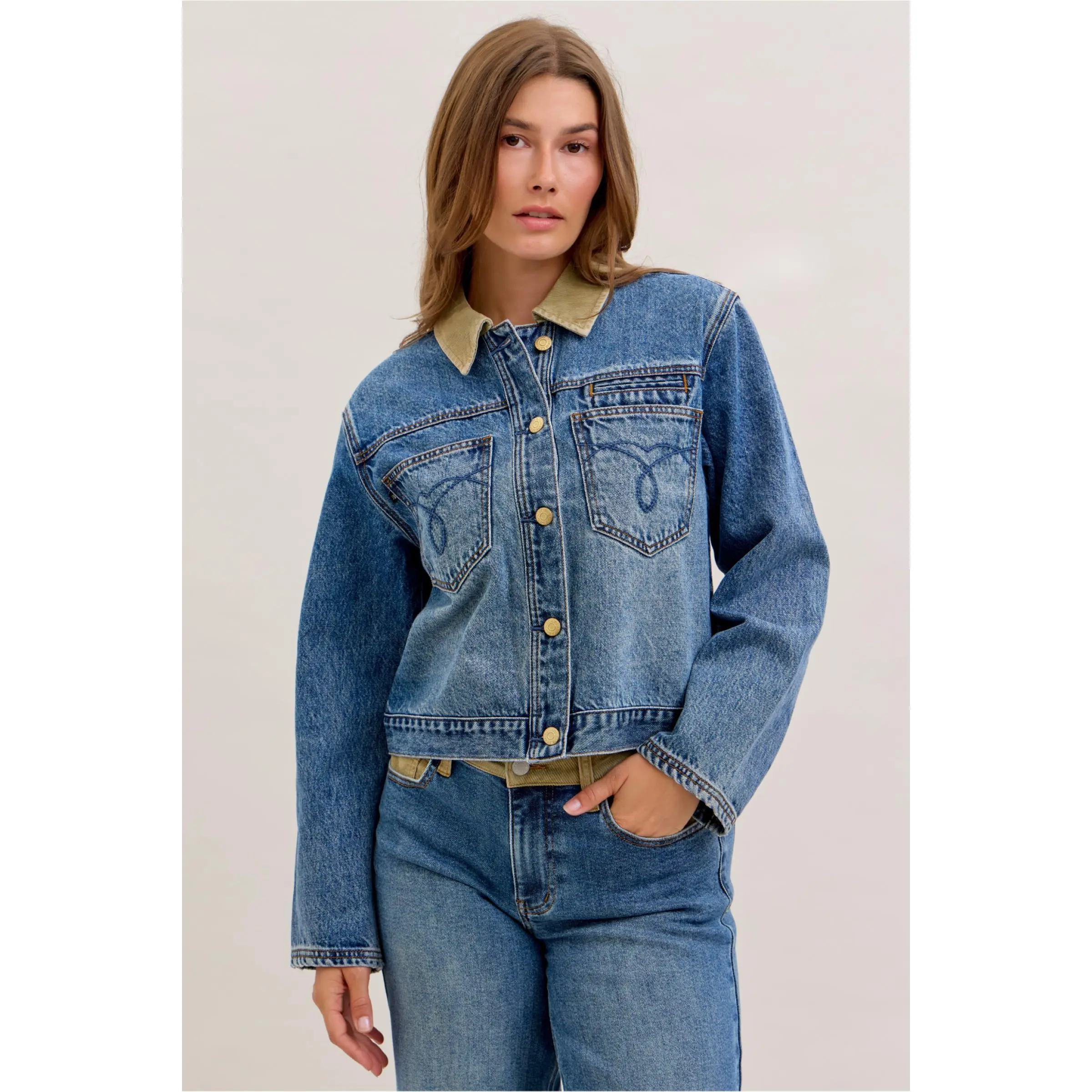 Judy Blue Women's Fitted Rigid Denim Jacket - Soft Corduroy Collar, Basic Long Sleeve Vintage Cotton-Polyester Barn Coat, Destroyed Look, Casual Regular Length True-To-Size Everyday Layering Outerwear