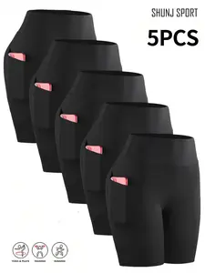 5-piece set of 5-inch yoga cycling shorts for women, high-waisted quick-drying with pockets - butter soft four-way elastic sports shorts suitable for women, suitable for abdominal tightening, gym riding, running, summer sportswear