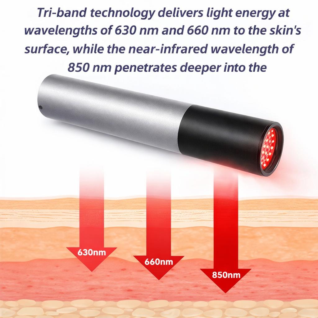 3-LED Rechargeable Flashlight 630nm 660nm 850nm for Knee Shoulder and Facial Skin Spots Red Light Therapy Wand for Pain Relief and Daily Wellness