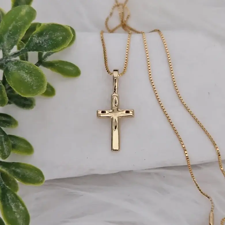 Women Girls Small Gold Cross Necklace, Diamond Cut Crucifix Necklace, 14k Heavy Plated Gold