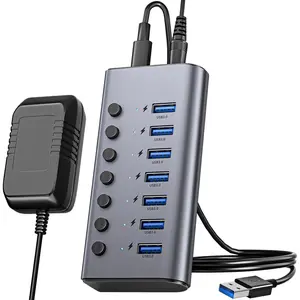 7-Port  USB 3.0 Hub,  USB Extension Splitter with Individual Power Switches and LEDs,Thunderbolt 3/4 5Gbps Data USB  Hub with DC12V3A Adapter and 3.93ft/1.2m Long