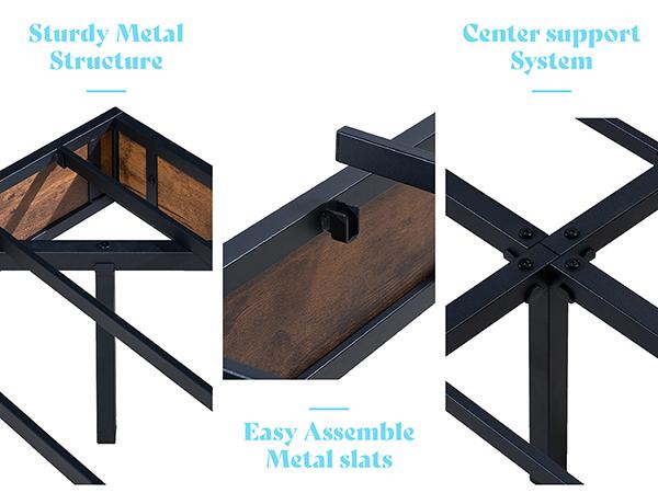 AMERLIFE Floating Bed Frame with 2-Tier Storage Headboard, Metal Bed Frame with Charging Station & LED Lights, No Box Spring Needed