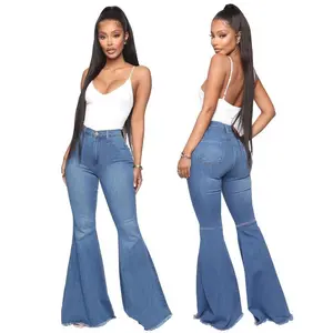 Women's Fashionable High-Waisted Denim Bell Bottom Pants - Slim Fit, Elastic Waist, Versatile Style