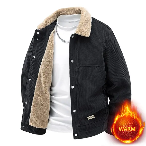 Men's Winter Corduroy Jacket with Lapel Collar - Fleece Lined, Quilted Denim Coat for Warmth & Vintage Style