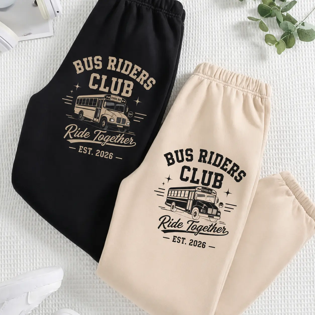 Bus Riders Club Graphic Sweatpants, Unisex Fleece Joggers, Soft Cotton Blend, School Bus Print, Relaxed Fit, Comfortable Elastic Waist, Casual Streetwear, Perfect for Back to School, Everyday Wear, Gift for Students