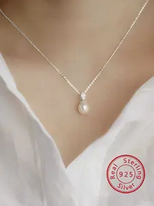 S925 Sterling Silver Faux Pearl & Zircon Decor Pendant Necklace for Women, Dainty Necklace, Elegant All-match Jewelry for Girls Gift, Fashion Accessories for Daily Wear, with Box