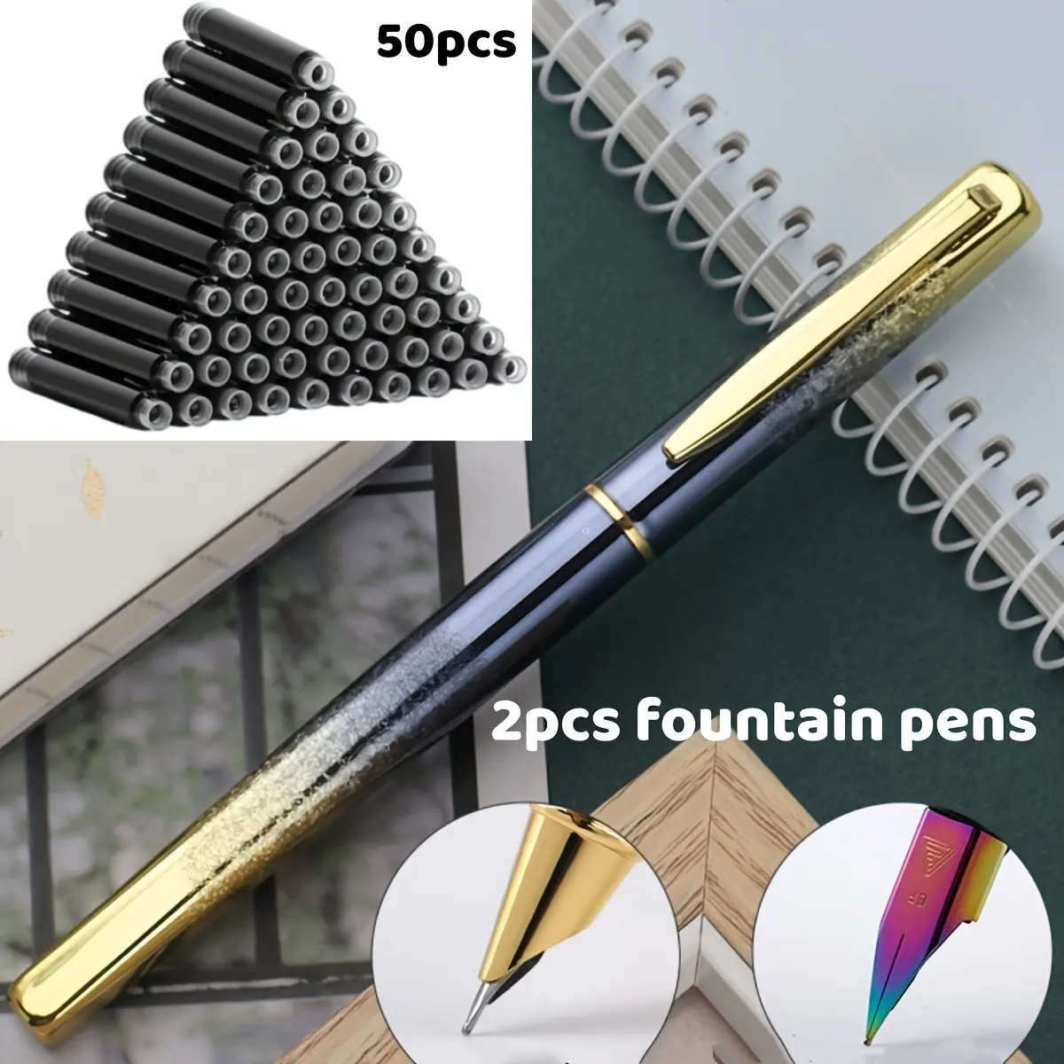 2 pcs yellow steel pens + 50 pcs black ink cartrid