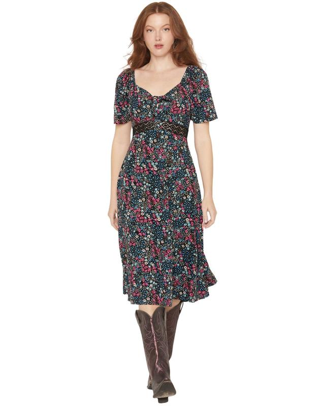 Idyllwind Women's Dudley Floral Print Short Sleeve Tie-Front Midi Dress - Iwsp26d2-Blk