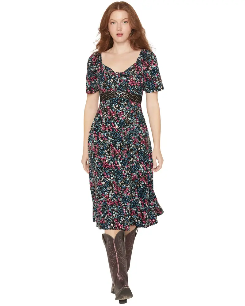 Idyllwind Women's Dudley Floral Print Short Sleeve Tie-Front Midi Dress - Iwsp26d2-Blk