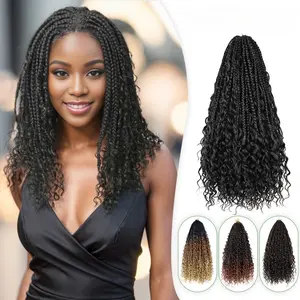 3 Strand Goddess Box Braids Crochet Hair | Synthetic Bohemian Curly End Braiding Hair | Ombre Black Brown Blonde Braids Extensions