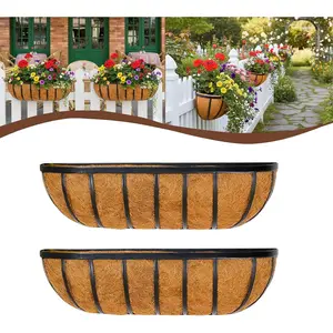 2 count 36" Railing Planter Window Box Deck Railing Planter Boxes with Coco Liner English Horse Trough Planters Metal Wall-Mounted Planters Basket for Outdoor Balcony Porch Fence Patio Rail