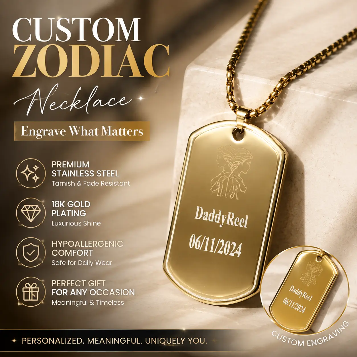 Personalized Constellation Necklace, Custom Engraved Pictures & Text, 925 Sterling Silver with 14K Gold Plating, Unisex Custom Jewelry, Double-Sided Engraving for Names & Symbols. Perfect Birthday & Father’s Day Gifts for Boyfriend and Family