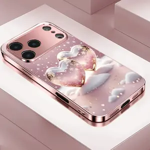 New Rose Pink Electroplated Glass Phone Case, Winter Snowflake Heart Pattern, Light Luxury Fashion Simple Elegant with Lens Protection,for iPhone 17 Pro Max Phone Case 17 Air 16E 16 Pro Max 15 Pro Max 15 Plus 14 Plus 13 12 11 Phone Cases