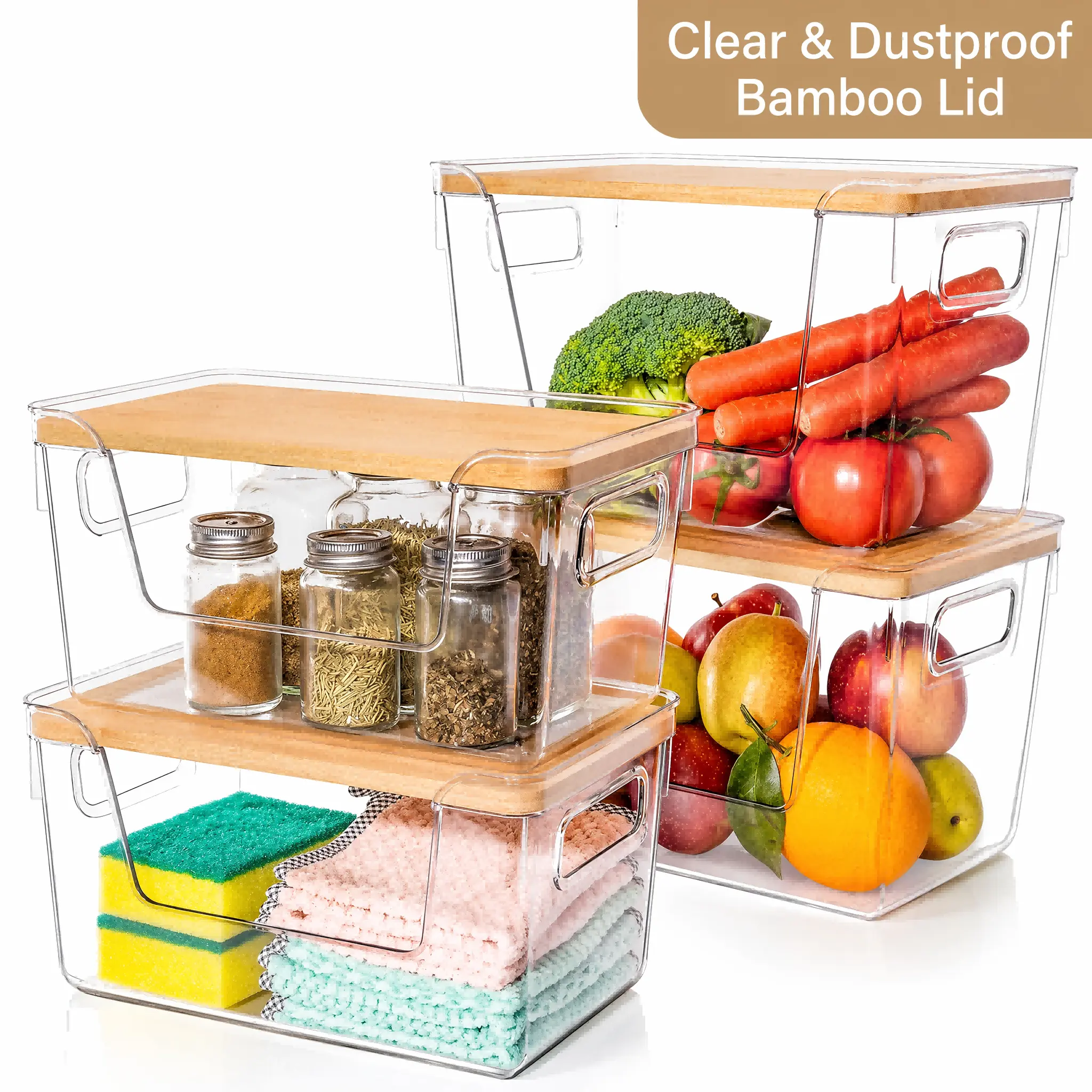 2&3 Pack Optional Dustproof Transparent Storage Organizer Bins with Bamboo Lid & Side Handles, Stackable Space-Saving Classification Container for Home Cooks & Family Organizers, Perfect for Fridge, Kitchen Cabinet & Countertop Pantry Storage