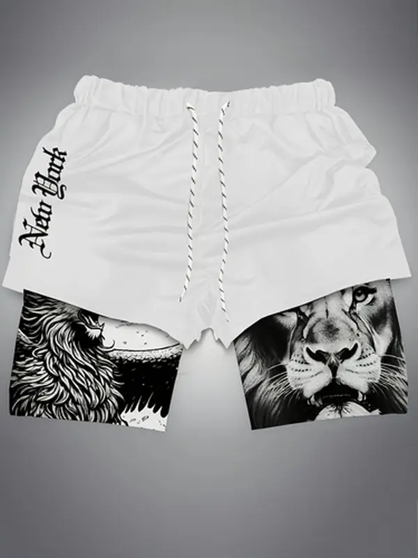 Women’s double-layer anti-exposure sports shorts with vintage lion print, New York gothic lettering, drawstring elastic waistband, quick-dry fitness bermuda shorts