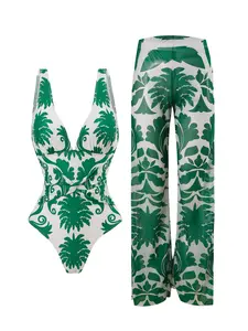 Women's Plants Print Swimsuit Set, Casual Twist Backless One-piece Swim Bodysuit & Wide Legs Pants Set, Summer Swimsuit for Beach Holiday Vacation