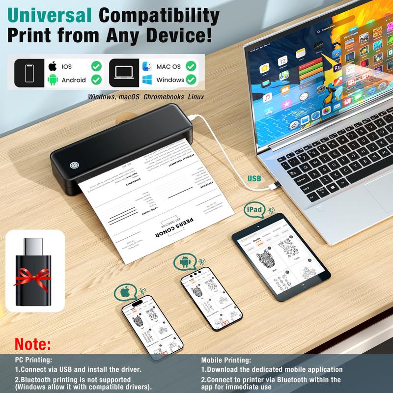 Portable Printer Wireless for Travel, Inkless Thermal Printer Supports 8.5 x 11 Inch Thermal Paper, Bluetooth Compatible with iOS, Android, Laptop Includes 2 Rolls & 10 Sheets of Paper Kit