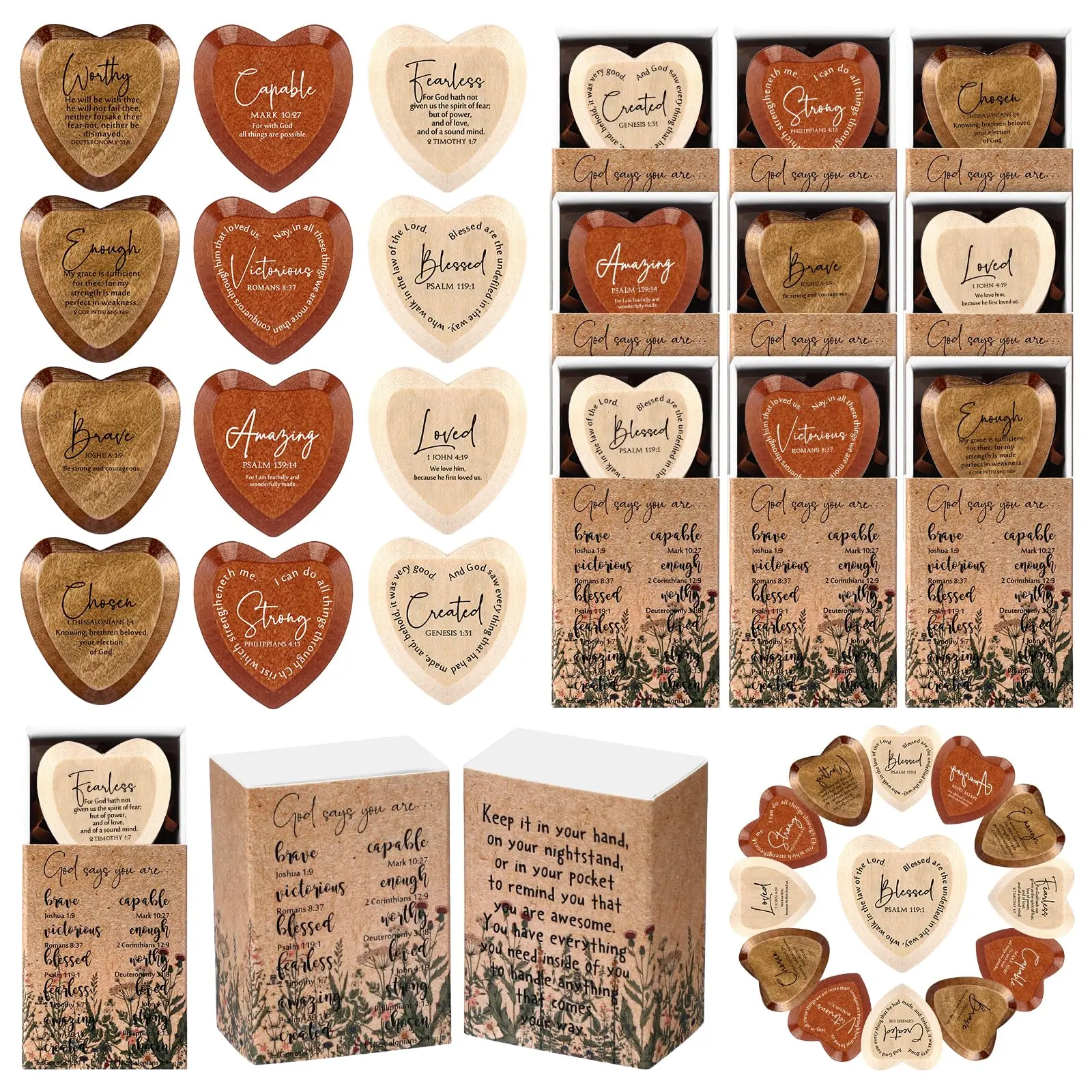 12/24/36Sets Christian Gift Bulk God Say You Are Wood Religious Pocket Hug Heart Bible Verse Pocket Hug Token God Bless Grandparents Day Party Favor Scripture Gift for Church Women Men