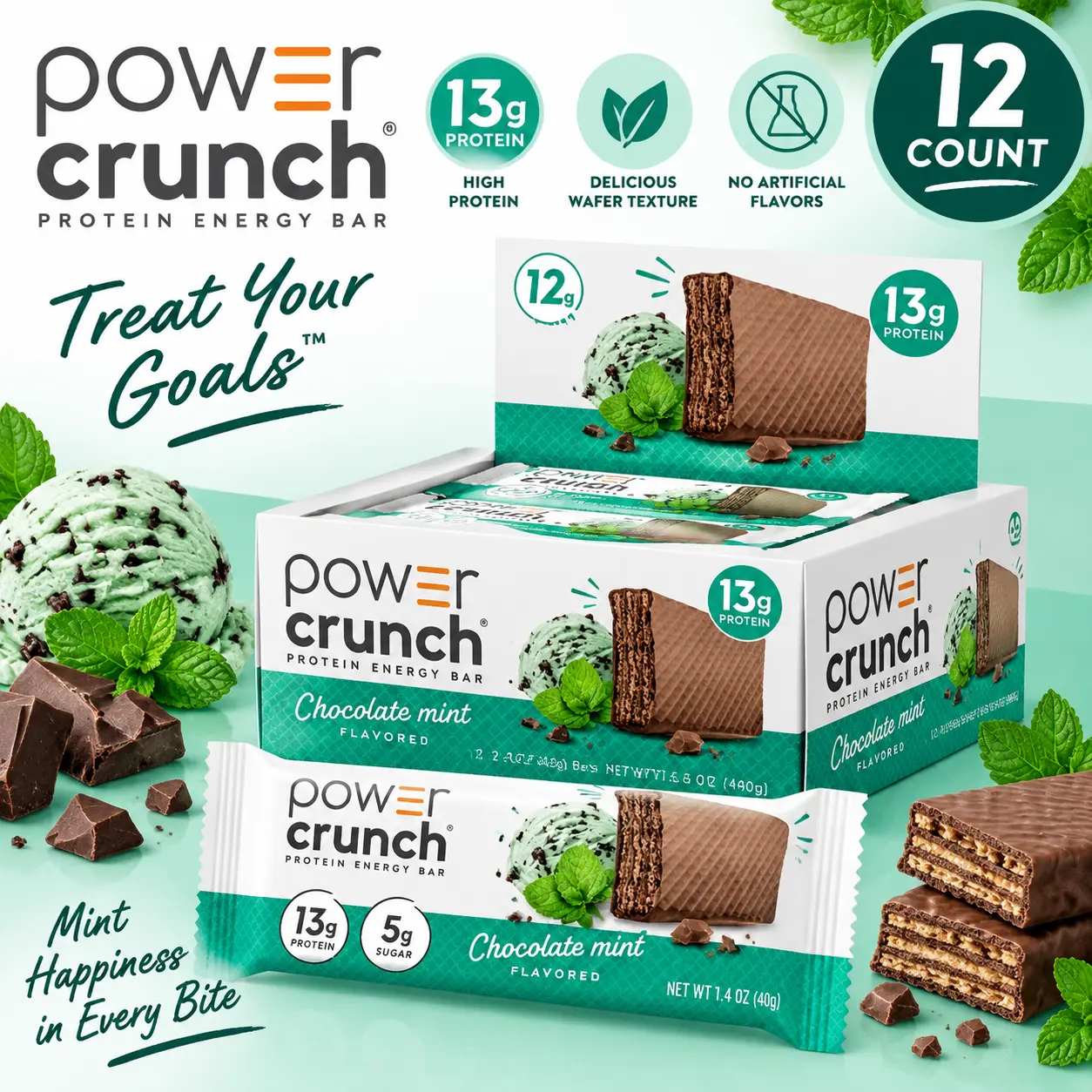 Power Crunch Protein Wafer Bars Mint Chocolate Flavor 1.4 oz 12 Count Crispy Protein Snack Bars