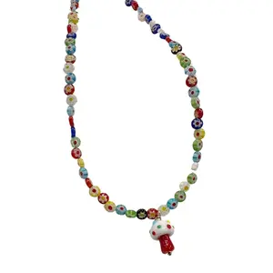 Eye Catching Necklace with Vibranting Glass Beads and Mushroom Designs