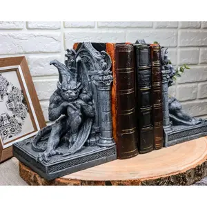 Medieval Age Gothic Sculptural The Thinker Gargoyle Bookends Figurine Set 6.25"H