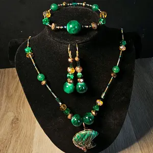 Gabriela Haller HigherKii Artique Green Tigress Jewelry Set with Crescent Pendant and Beaded Necklace Set Version 2