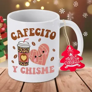Cafecito Y Chisme Spanish Coffee Mug - Cute Coffee Cup with Heart & Coffee Bean Design, Non-Slip Base, Hand Wash Only, Valentine'S Day
