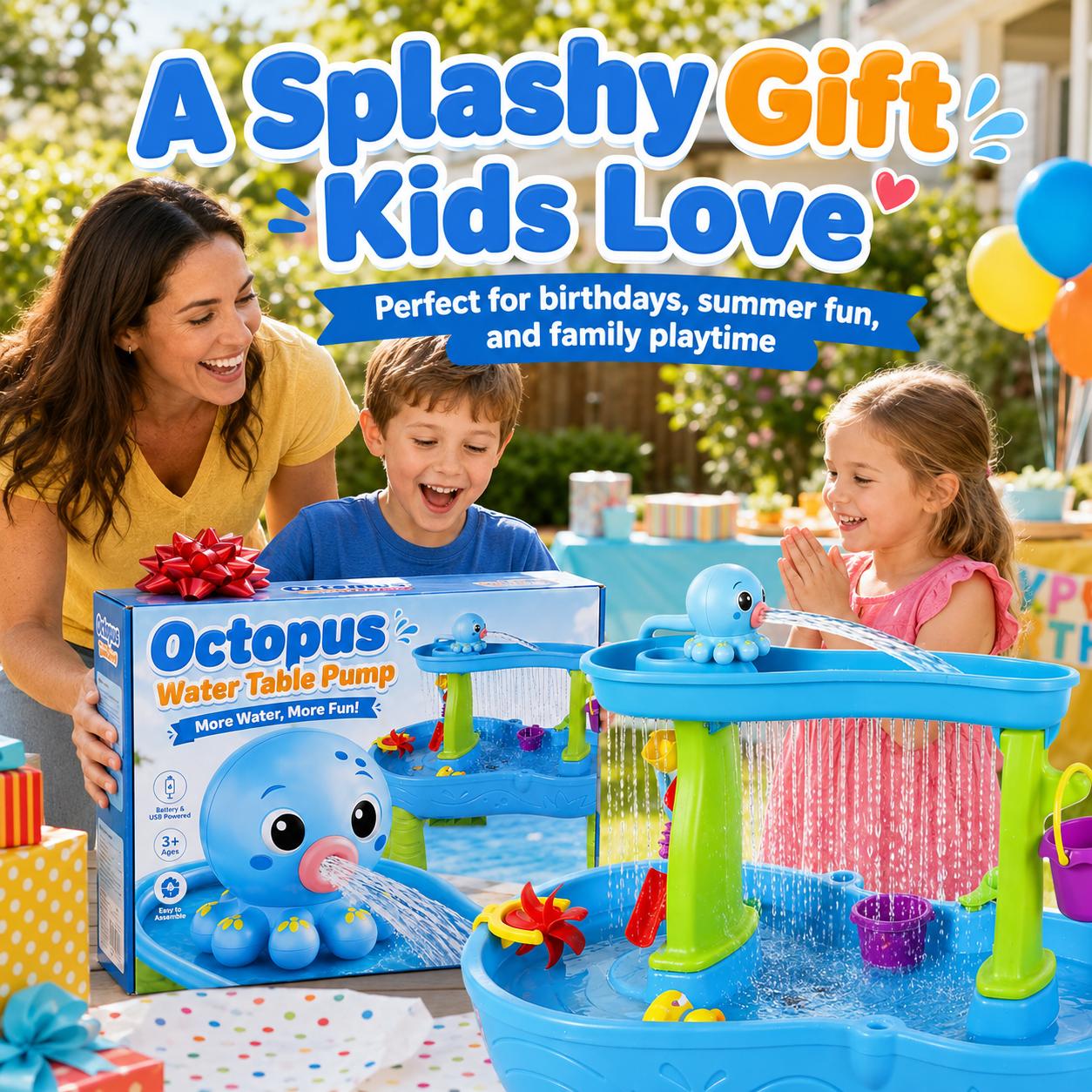 Octopus Water Pump for Step2 Water Table — Fits Rain Showers, Unicorn & Most Brands | 6L/Min Strong Flow, 3-Hour Rechargeable Battery | No-Drill 60s Install, Ultra Quiet 45dB | Toddler Outdoor Water Play Toy Accessories (Pump Only) Blue