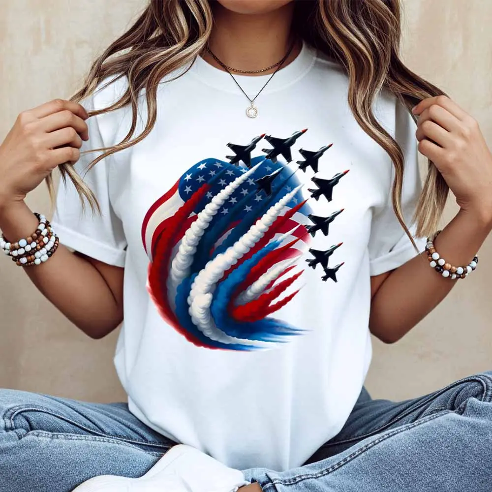 American Flag And Jet Plane Print T Shirt Women Casual Short Sleeve Round Neck Top