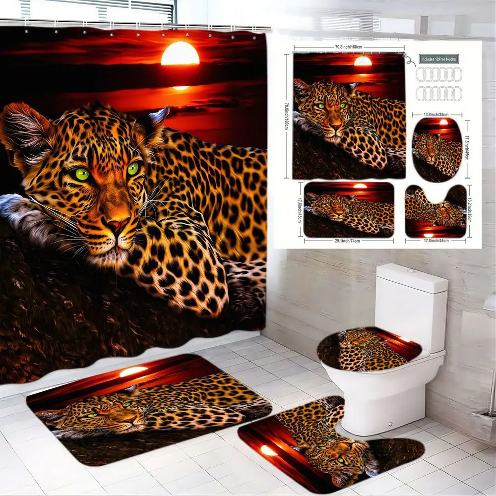 1/4pcs Leopard Sunset Shower Curtain Set with Toilet Seat Cover & Bath Mats - Rocky Leopard on Red Sky with Glowing Sun, Aesthetic Bathroom Decor for Home, Decorative Shower Curtain, Ideal for Halloween, Housewarming Gift