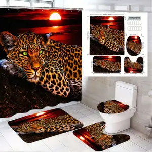 1/4pcs Leopard Sunset Shower Curtain Set with Toilet Seat Cover & Bath Mats - Rocky Leopard on Red Sky with Glowing Sun, Bathroom Decor for Home, Bathroom Accessories, Ideal for Halloween, Thanksgiving, Housewarming Gift