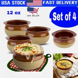 Set of 4 French Onion Soup Crocks 12 oz Brown & Ivory Ceramic Porcelain Bowls