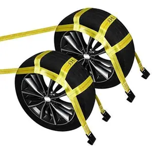 Basket Straps with Flat Hooks (2 Pack) Yellow Car Wheel Straps Universal Vehicle Tow Strap System Fits 15"-19" Tires 10000 lbs Working Capacity