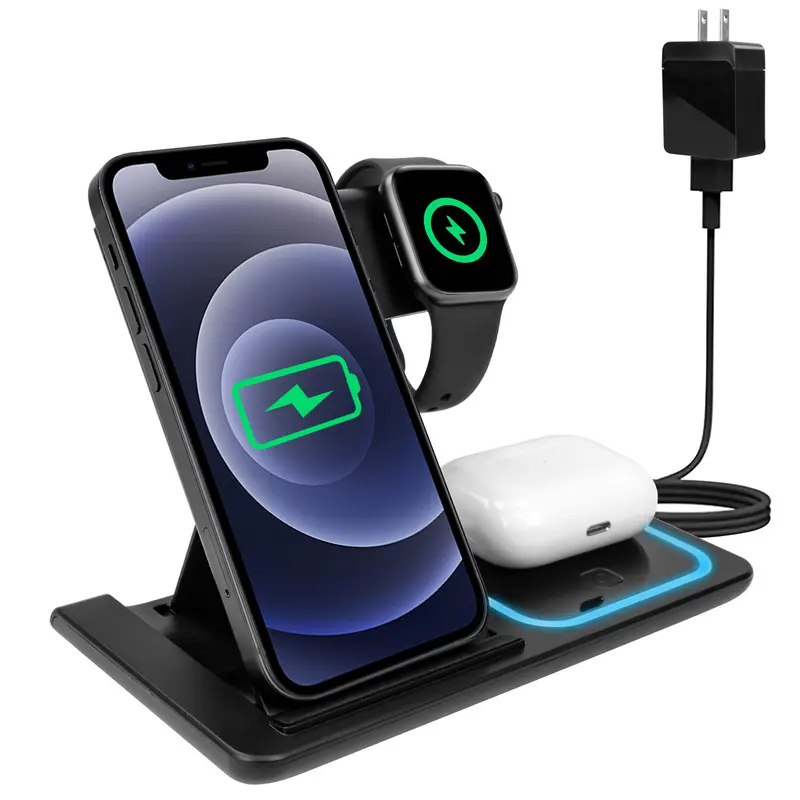3 in 1 Wireless Charging Station for Apple15W Foldable Charging Station for Samsung Devices, Qi-Certified for iPhone 18/17/16/15/14/13/12/11/Pro/Max/X/XR/iWatch-SE/6/5/4/3/2 & AirPods, Included QC-3.0 Adapter