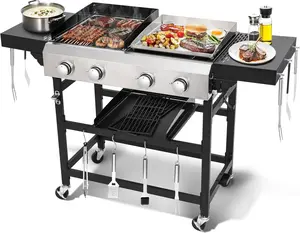 Propane Gas Grill and Griddle Combo with 38,240 BTUs, 4-Burner Stainless Steel Griddle & Cast Iron Grill Combo for Outdoor Cooking While Camping or Tailgating