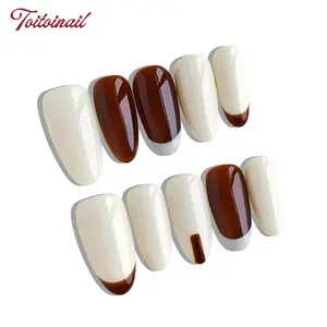 10pcs Handmade Press On Nails Acrylic - Medium Length Oval Cream & Brown Irregular Edge Nails, Handcrafted Minimalist Color Block Design Decor Retro Casual Style, for Office & Daily Wear with Jelly Glue & Nail File, Nail Art Accessories