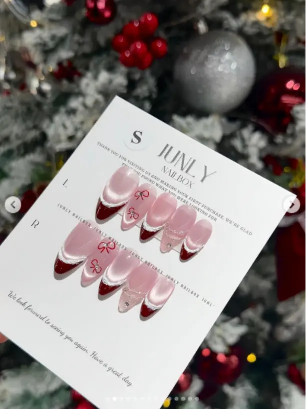 Coquette Christmas Press On Nails, Pink Pearl French Tip Red Bow Heart Nails, Elegant Holiday Party Nail Set, Gift for Her
