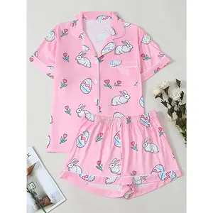 Sweet Style Easter Pajamas for Women Summer, Pink Short Sleeve & Short Pants Lapel Cardigan Loungewear, Rabbit Egg Tulip Pattern Contrast Trim, Casual 2-Piece Homewear for Daily & Outdoor Wear