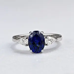 S925 Silver Artificial Sapphire Ring, 6*8mm Oval Blue Corundum, Fashionable and Versatile