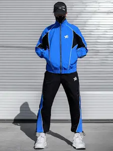 Men's Color-Block Logo Track Suit: Jacket & Pants Set, Trendy Streetwear Tracksuit Set for Daily Wear, Urban Fashion Outfit with Contrast Design, Comfortable Lightweight Activewear, Versatile for Casual Outings, Errands & Hangouts