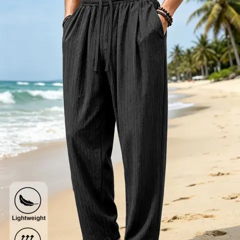 Men's Straight Loose-Fitting Casual Streetwear Pants - Quick-Dry Polyester, Elastic Drawstring High Waist, Lightweight Breathable Textured Look, Wrinkle-Free, Side Pockets, All Seasons, for Summer Vacation, Travel, M