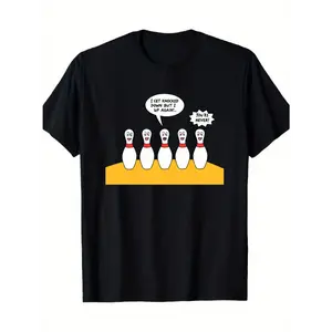 Black bowling-themed fun graphic T-shirt, unisex casual sporty short-sleeved crew neck shirt, printed with bowling pins and speech bubbles, statement design, made of breathable cotton fabric, suitable for sports enthusiasts, and a perfect gift choice.