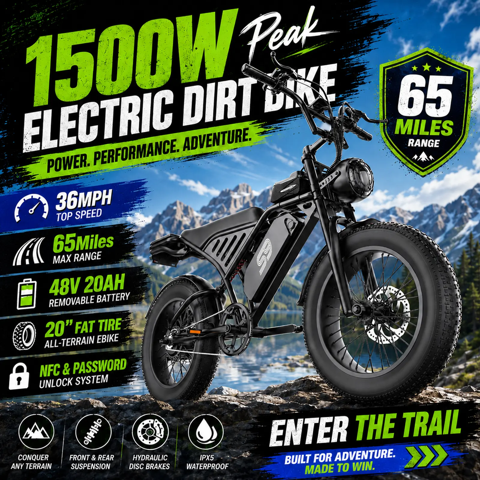 Electric Bike for Adults 1500W Peak 36MPH 65Miles 48V 20AH Removable Battery 20" Fat Tire All-Terrain with NFC Password Unlock