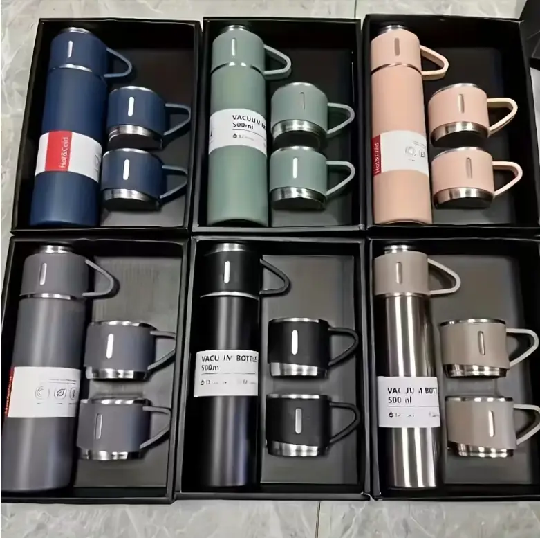 4PCS Stainless Steel Vacuum Insulated Bottle Set 500ml with 3 Cups | Hot & Cold Travel Flask Gift Set Drinkware Bottled