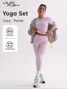 Women's Casual Breathable Yoga Set, Stretch Fabric Activewear, 2-Piece Long Sleeve Top and Tight Pants, All-Season Pure Color