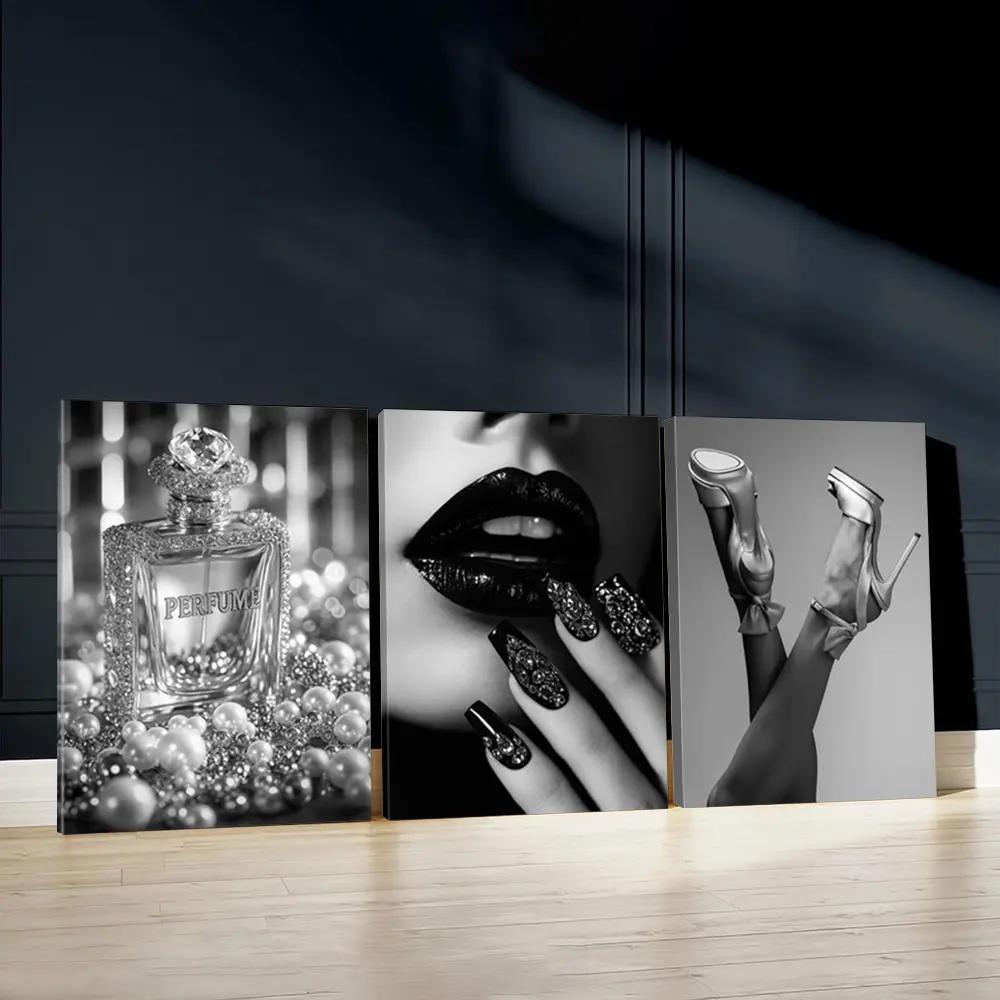 3pcs Perfume Bottle Wall Art, Glamorous Lips Poster, High Heels Art Prints, Elegant Style Home Decor, Modern Wall Paintings, Cozy Canvas Posters Wall Arts, Decor for Living Room, Restaurant, Kitchen, Bedroom, Unframed Art Print